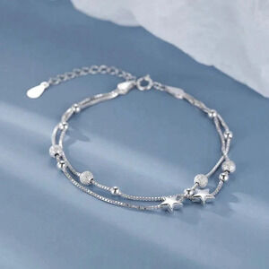 925 Sterling Silver Star & Bead Bracelet Dainty Thin Double Layer Chain Bracelet